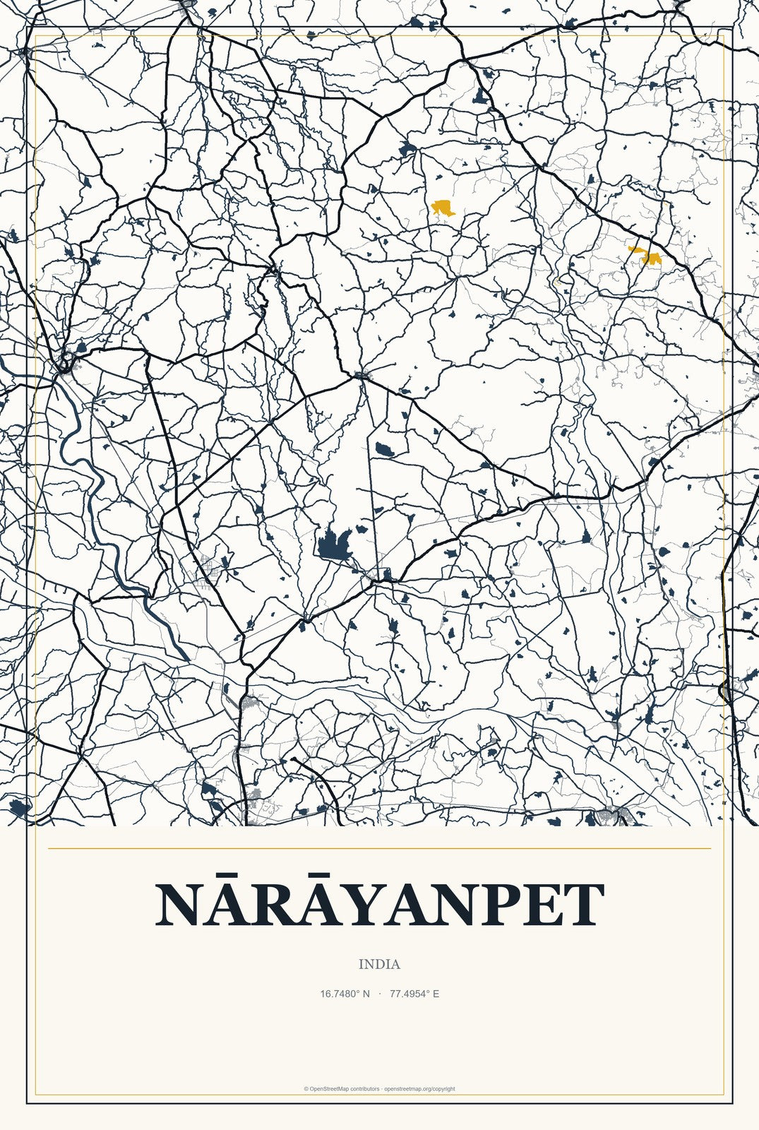 Nārāyanpet, India City Map Aluminum Sign in Citrine Modern style