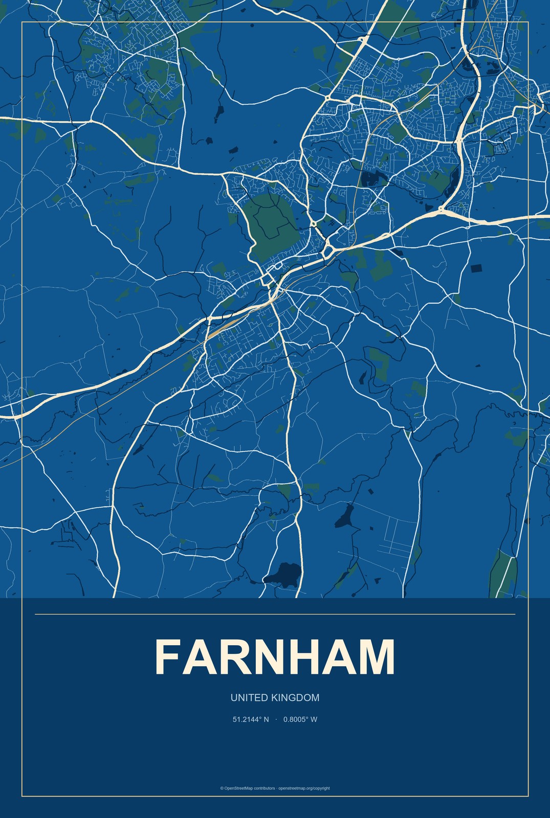 Farnham, United Kingdom City Map Aluminum Sign in Harbor Cobalt style