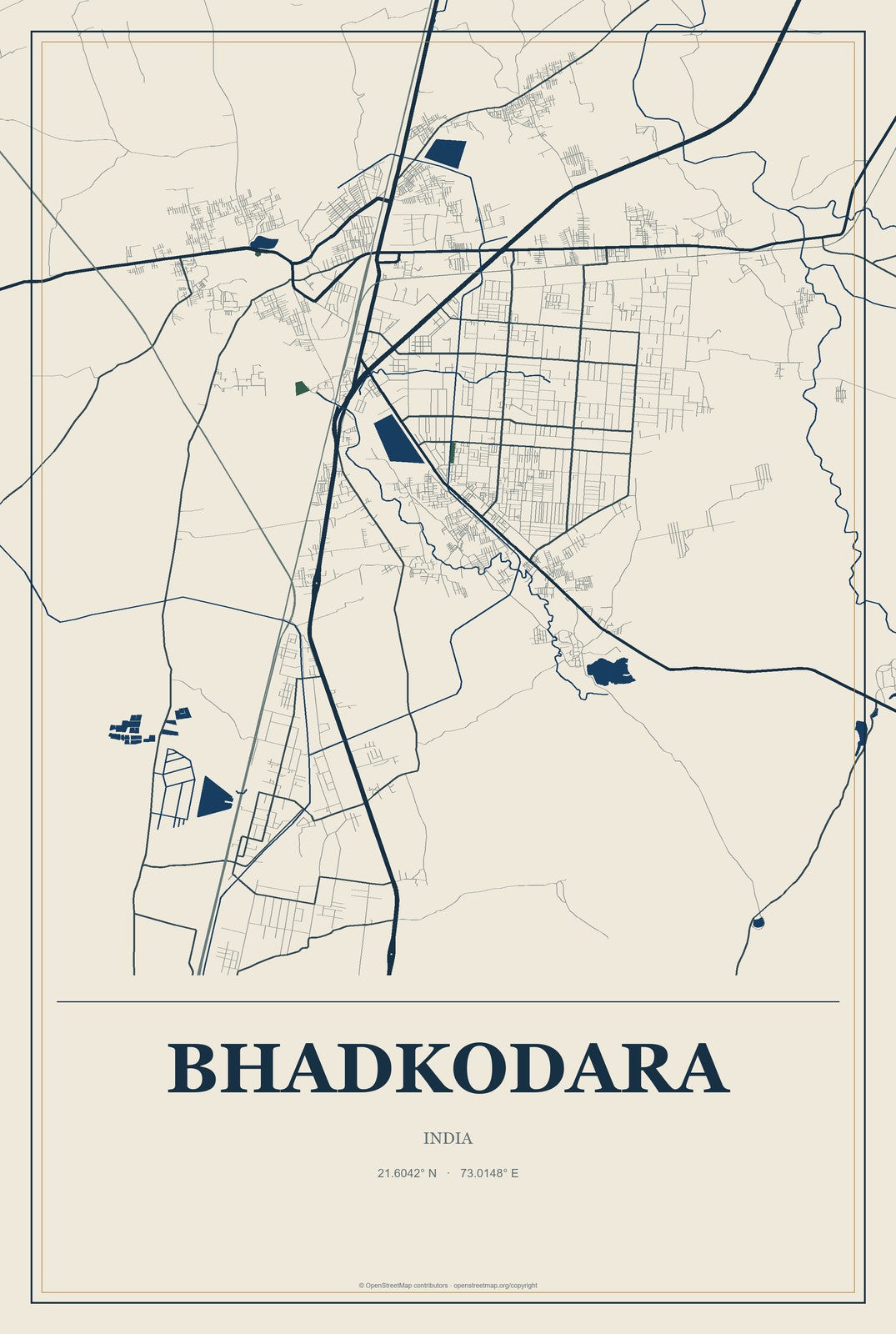 Bhadkodara, India City Map Aluminum Sign in Coastal Cutout style