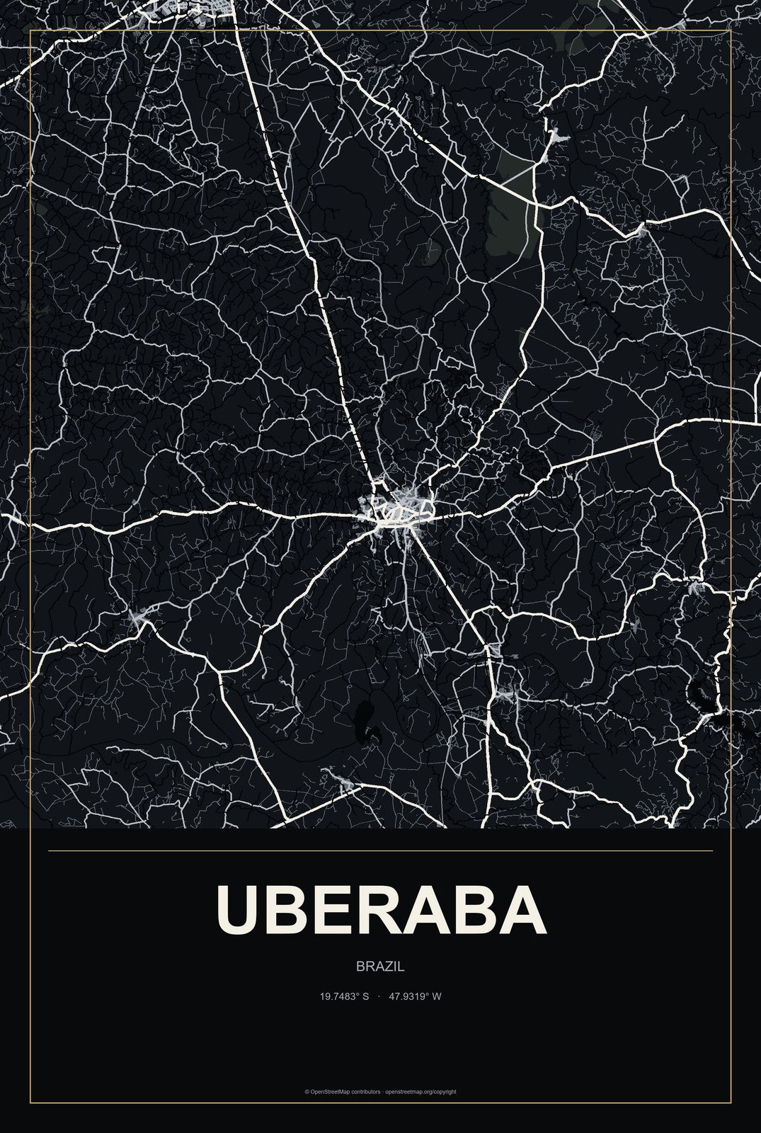 Uberaba, Brazil City Map Aluminum Sign in Metropolitan Noir style