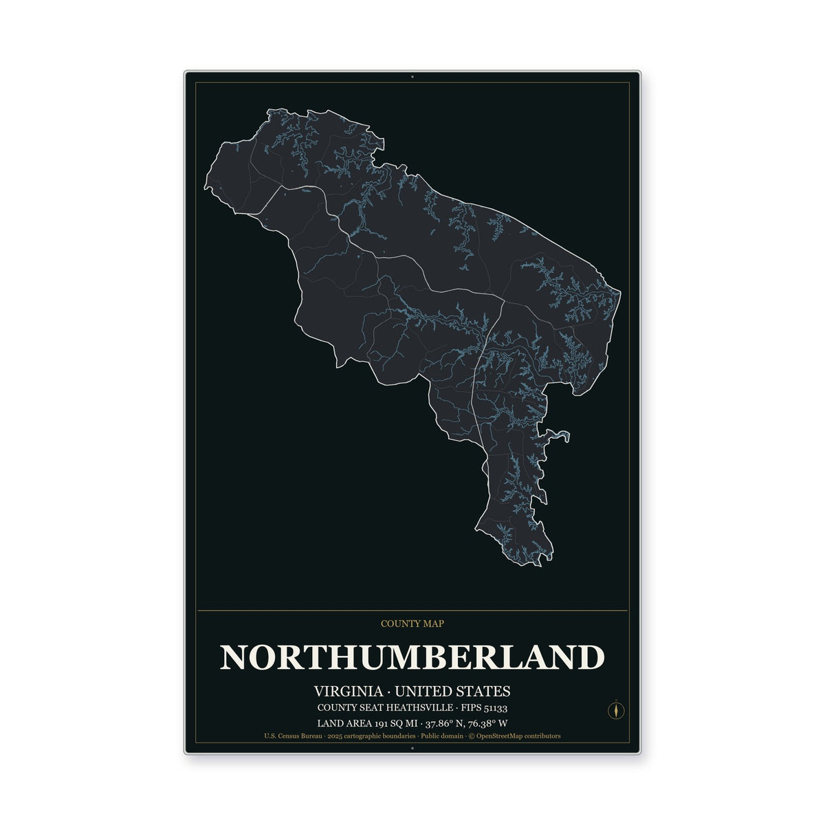 Northumberland County, Virginia Map Aluminum Sign in Metropolitan Noir style