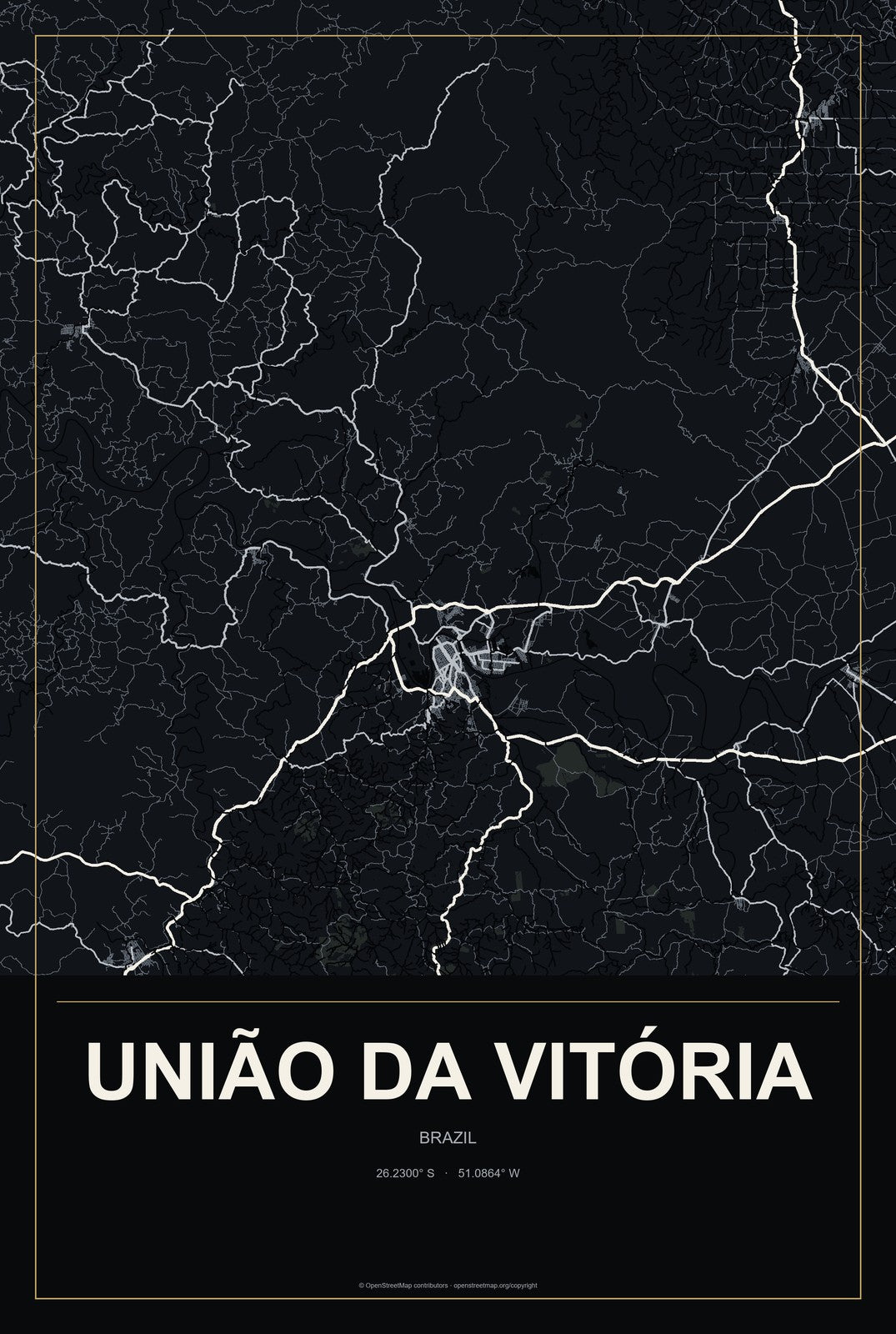União da Vitória, Brazil City Map Aluminum Sign in Metropolitan Noir style