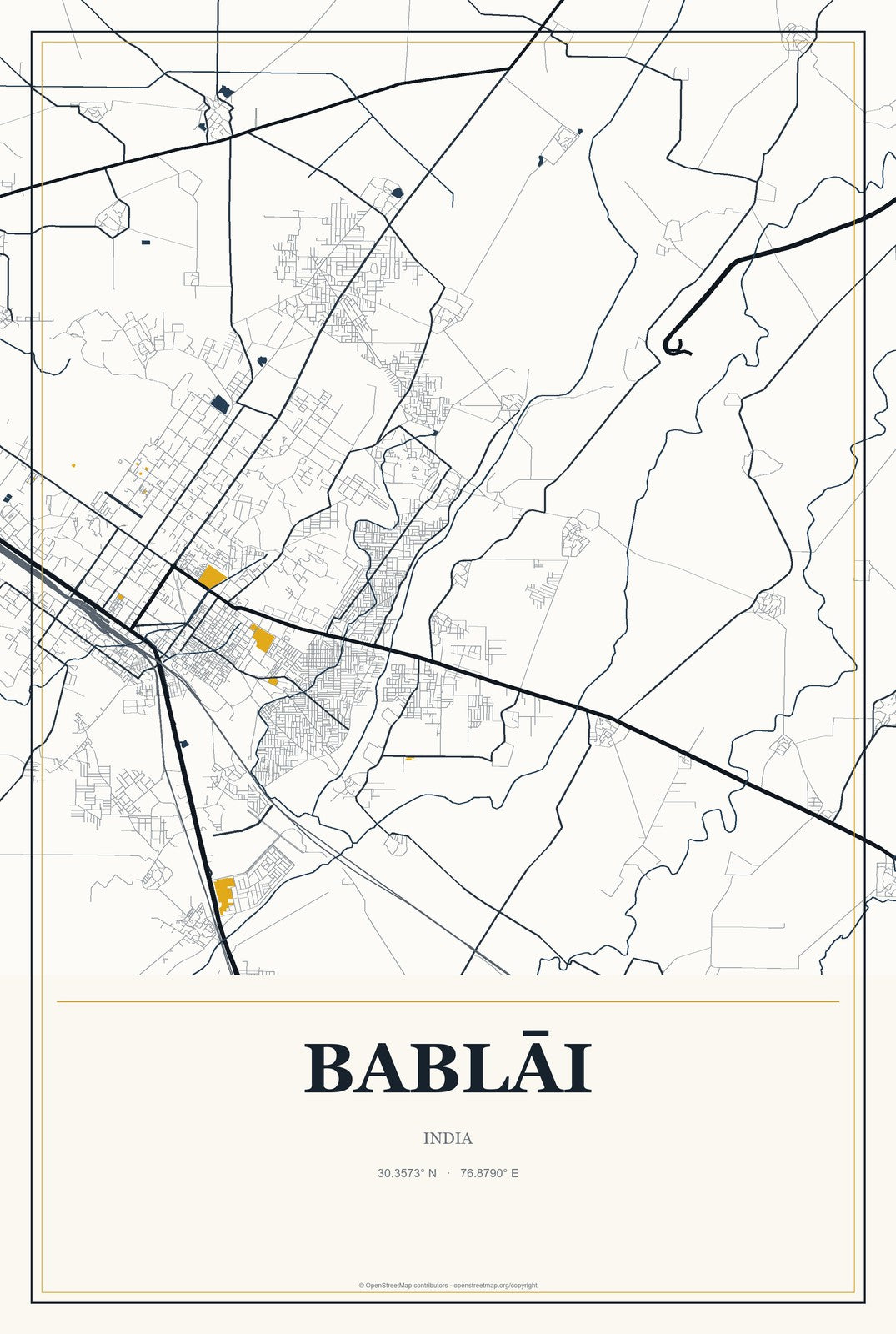 Bablāi, India City Map Aluminum Sign in Citrine Modern style