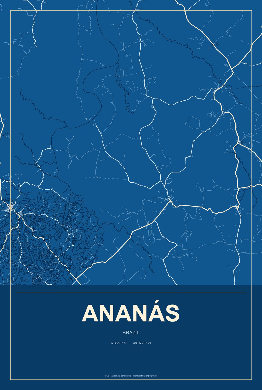 Ananás, Brazil City Map Aluminum Sign in Harbor Cobalt style