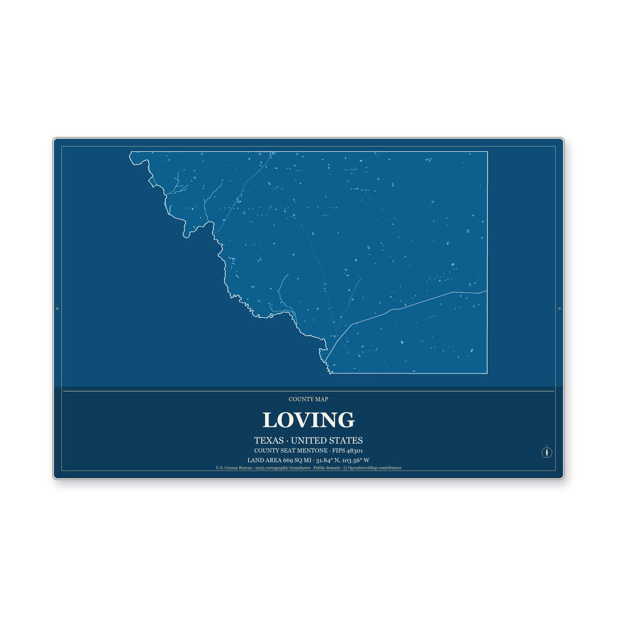 Loving County, Texas Map Aluminum Sign in Harbor Cobalt style