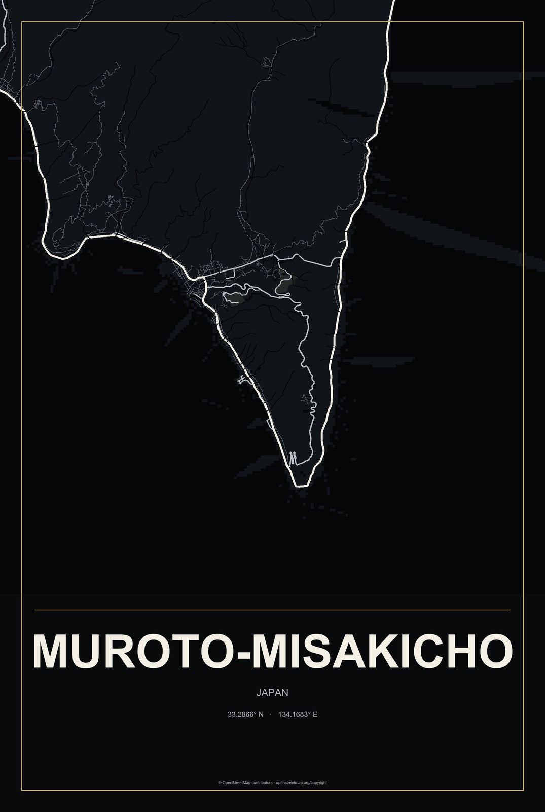 Muroto-misakicho, Japan City Map Aluminum Sign in Metropolitan Noir style