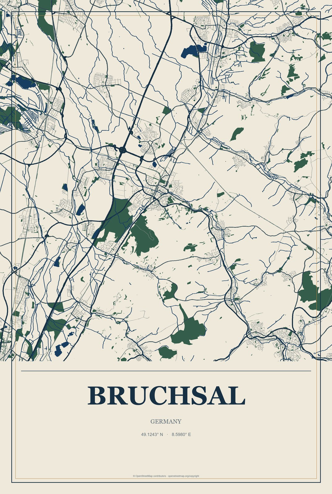 Bruchsal, Germany City Map Aluminum Sign in Coastal Cutout style