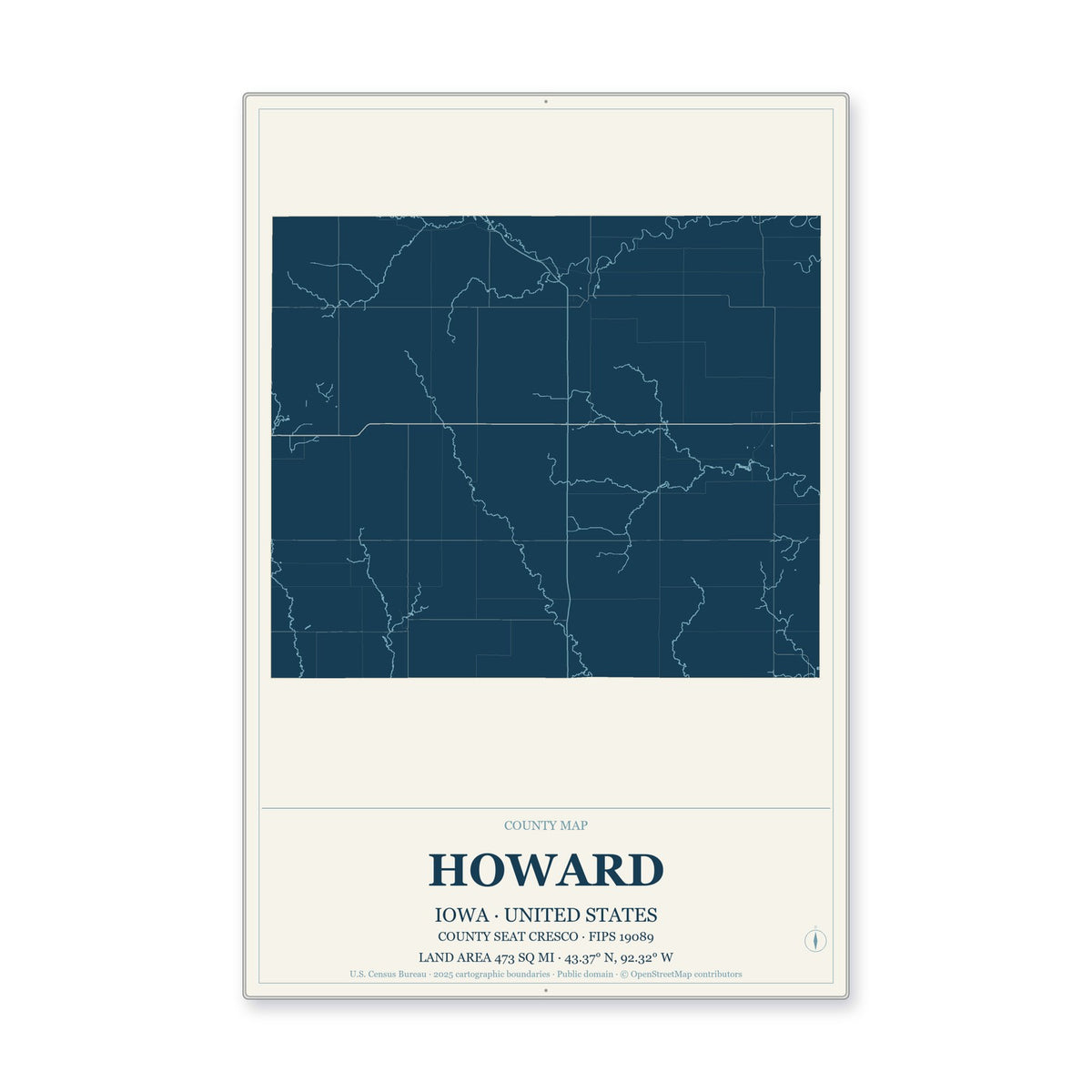 Howard County, Iowa Map Aluminum Sign in Coastal Cutout style