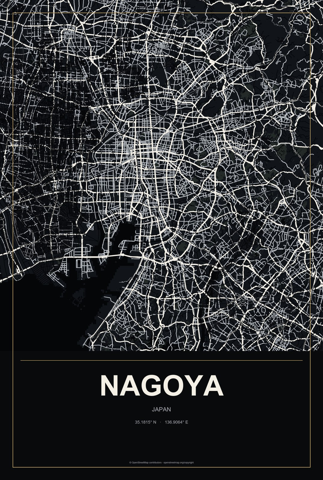 Nagoya, Japan City Map Aluminum Sign in Metropolitan Noir style