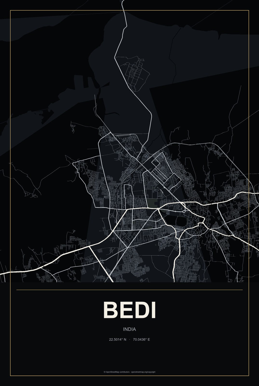 Bedi, India City Map Aluminum Sign in Metropolitan Noir style