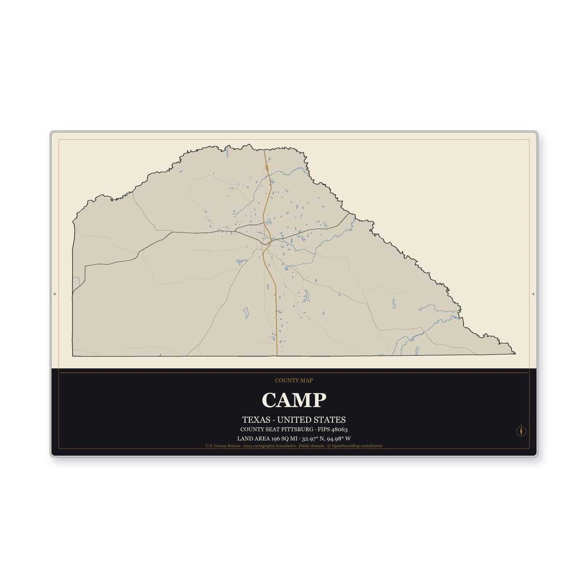 Camp County, Texas Map Aluminum Sign in Museum Plaque style