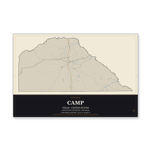 Camp County, Texas Map Aluminum Sign in Museum Plaque style
