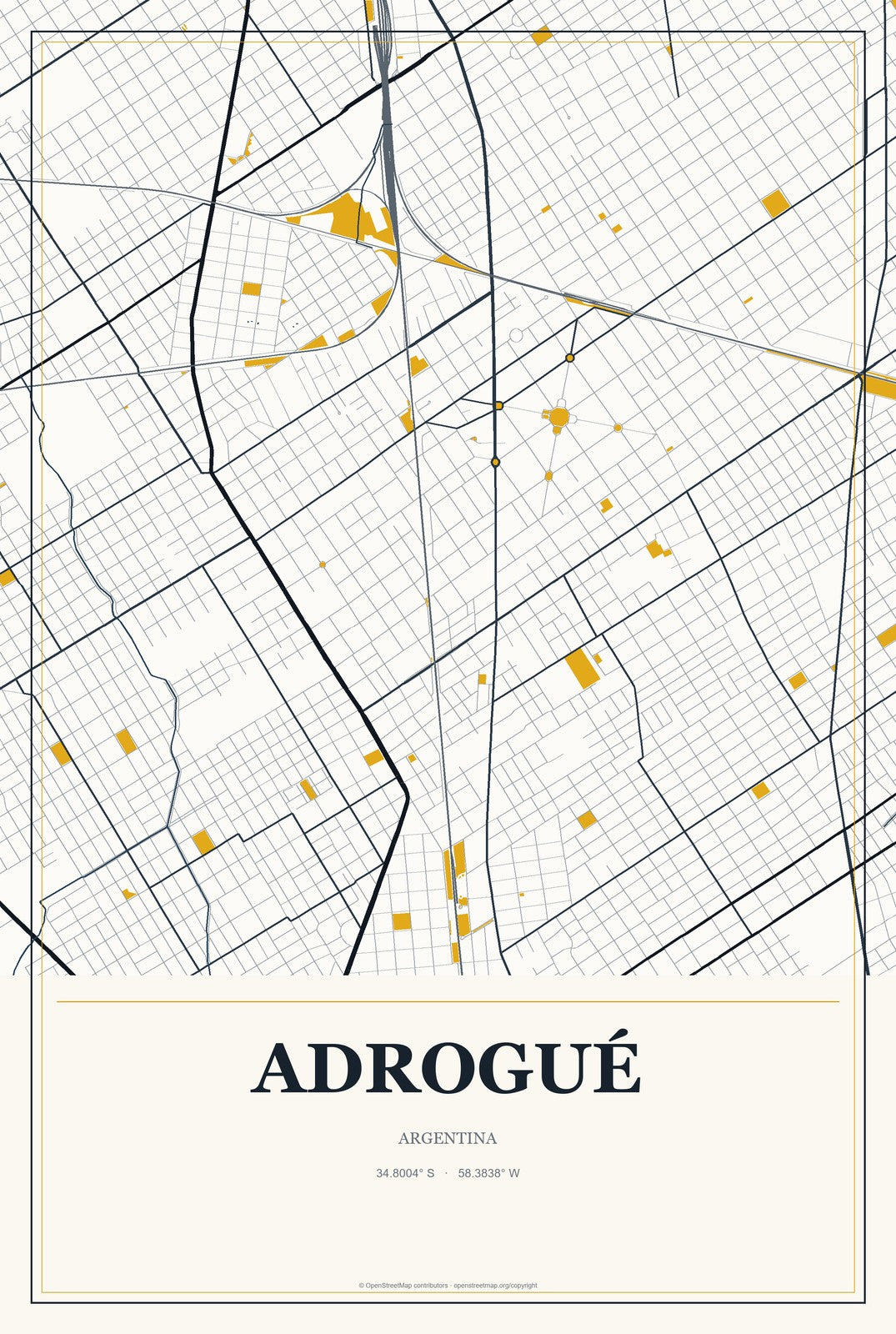 Adrogué, Argentina City Map Aluminum Sign in Citrine Modern style