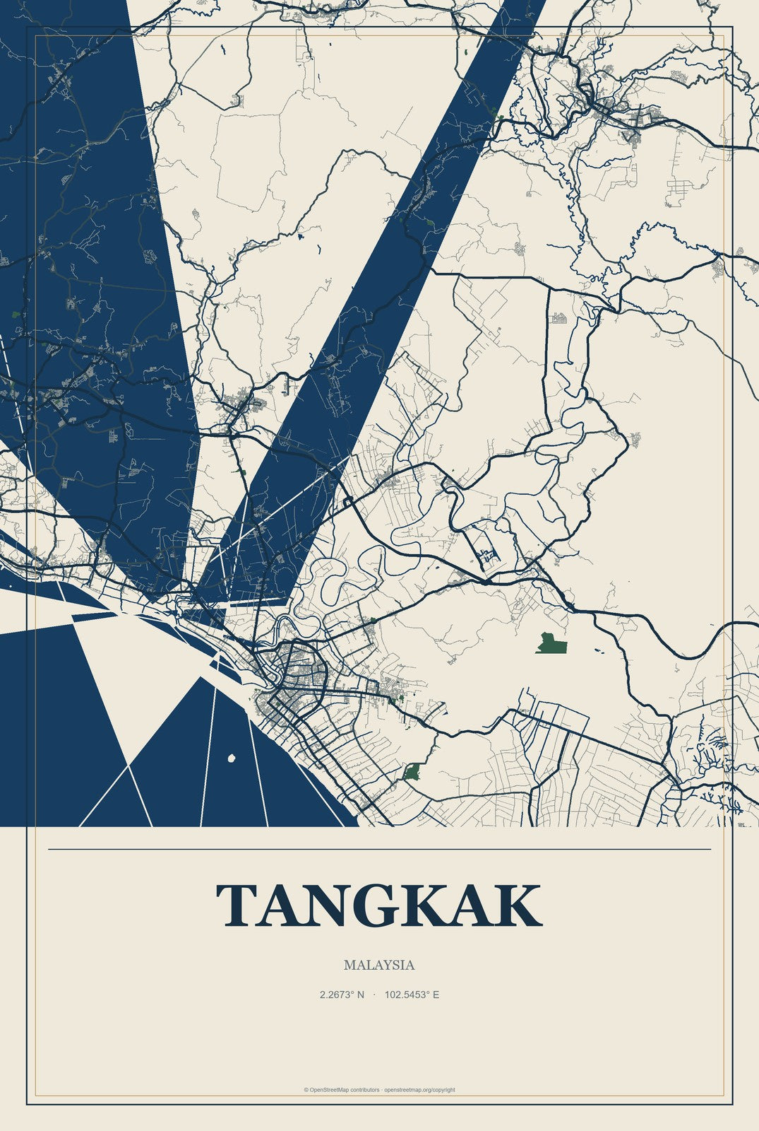 Tangkak, Malaysia City Map Aluminum Sign in Coastal Cutout style