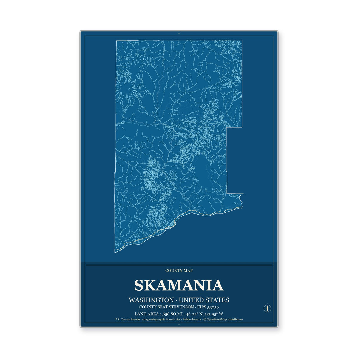 Skamania County, Washington Map Aluminum Sign in Harbor Cobalt style