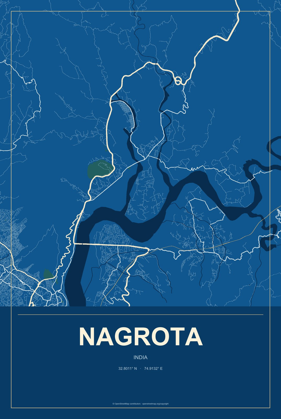 Nagrota, India City Map Aluminum Sign in Harbor Cobalt style