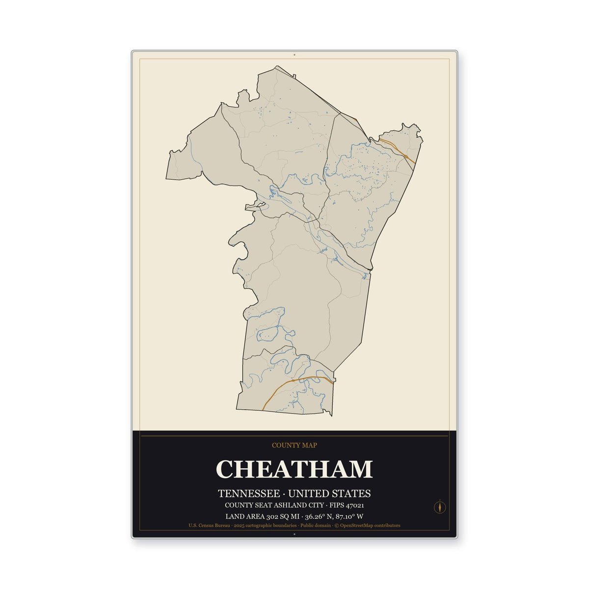 Cheatham County, Tennessee Map Aluminum Sign in Museum Plaque style