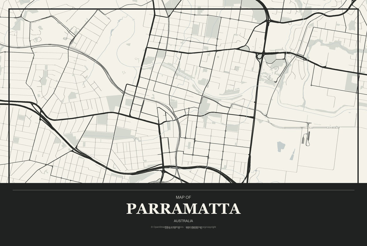 Parramatta, Australia City Map Aluminum Sign in Museum Plaque style