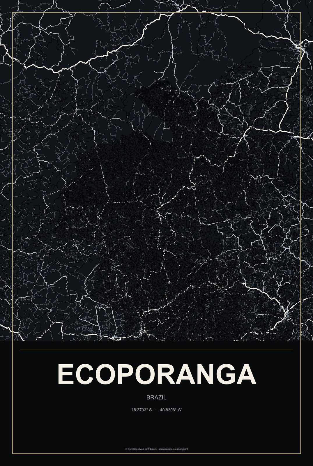 Ecoporanga, Brazil City Map Aluminum Sign in Metropolitan Noir style