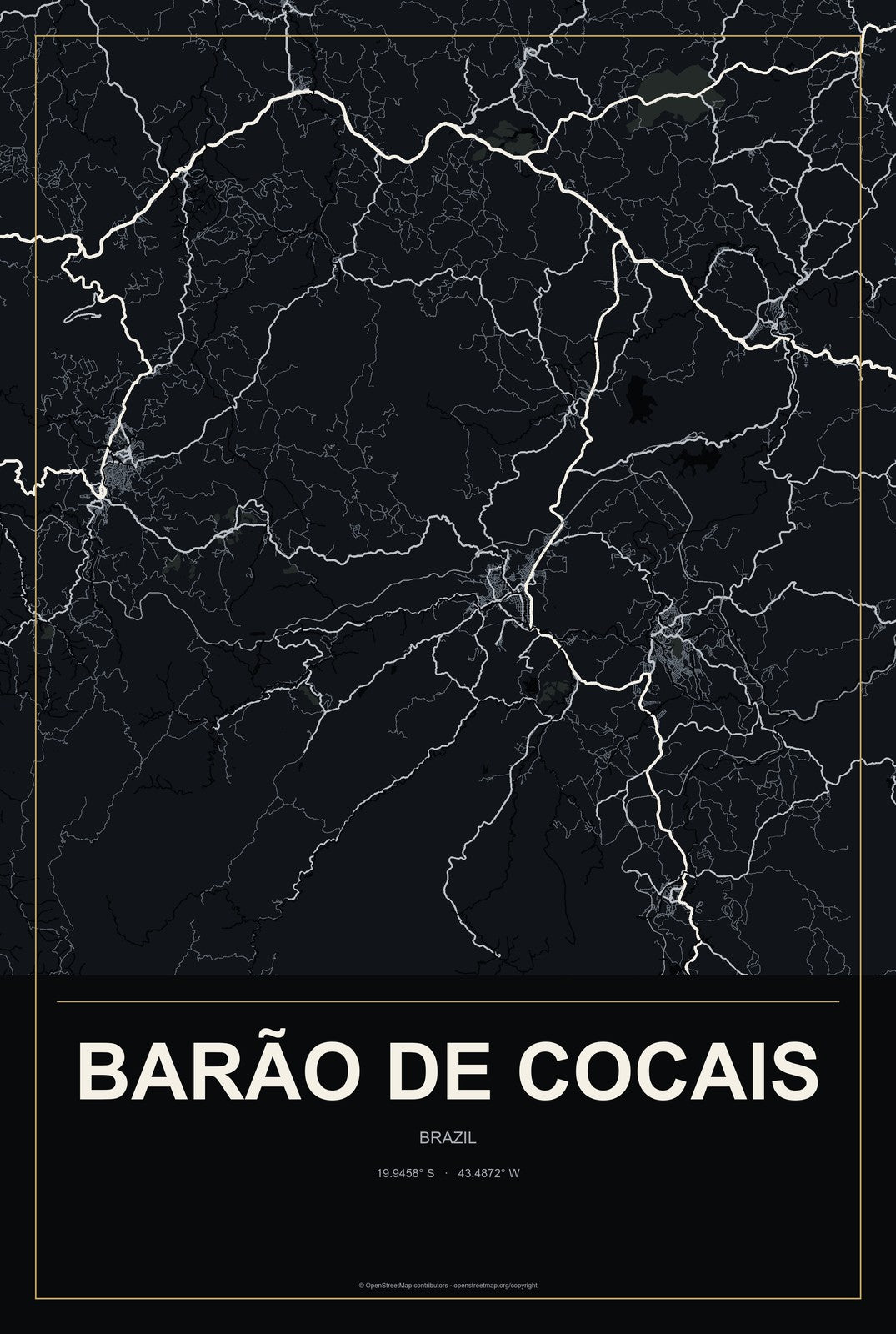 Barão de Cocais, Brazil City Map Aluminum Sign in Metropolitan Noir style