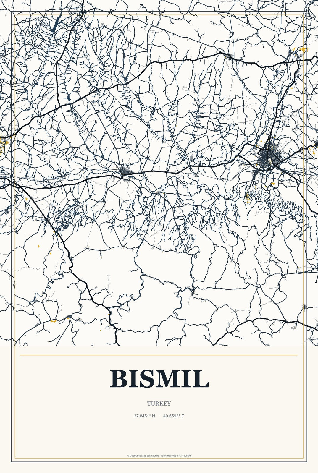 Bismil, Turkey City Map Aluminum Sign in Citrine Modern style