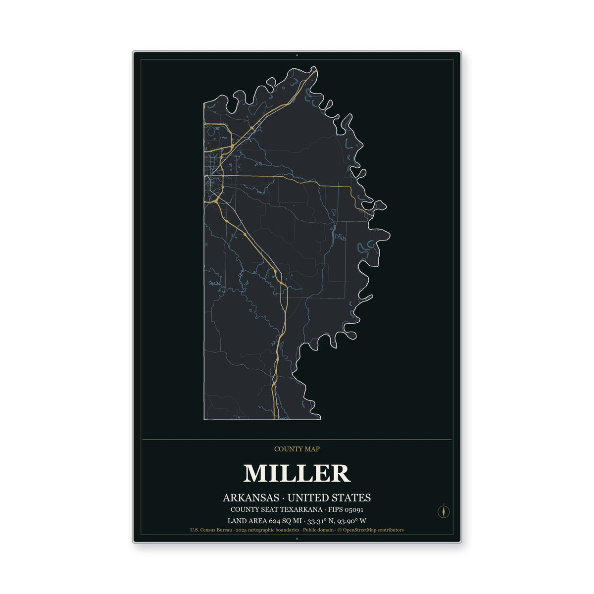 Miller County, Arkansas Map Aluminum Sign in Metropolitan Noir style