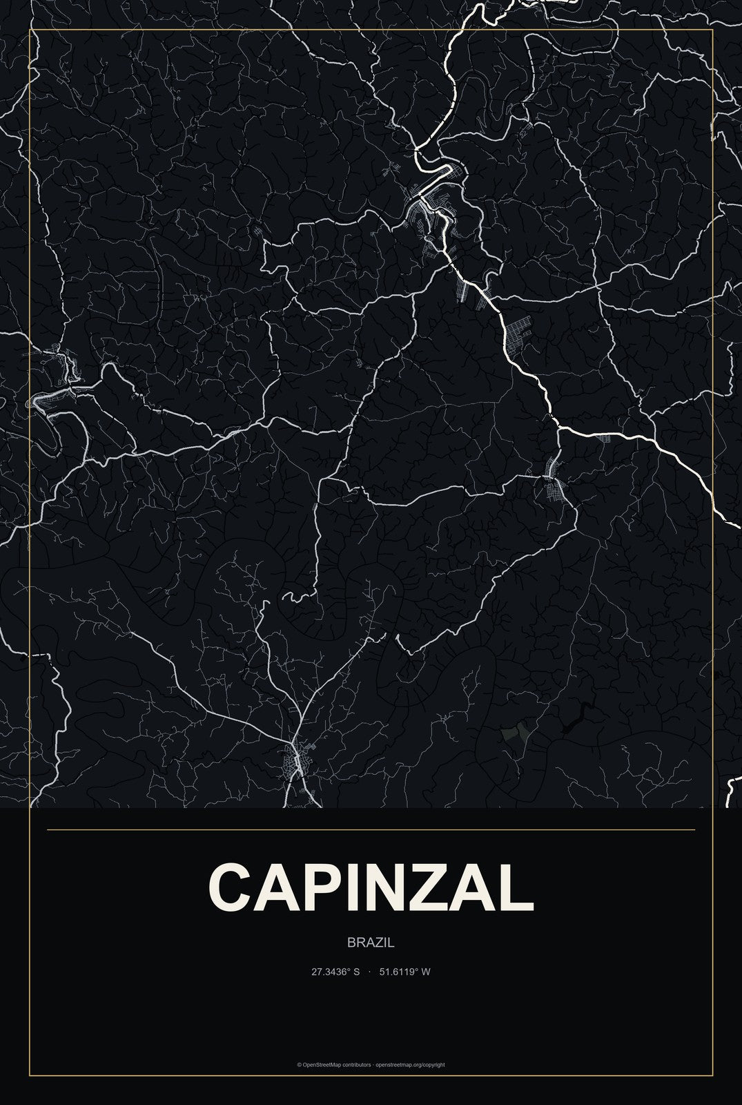 Capinzal, Brazil City Map Aluminum Sign in Metropolitan Noir style