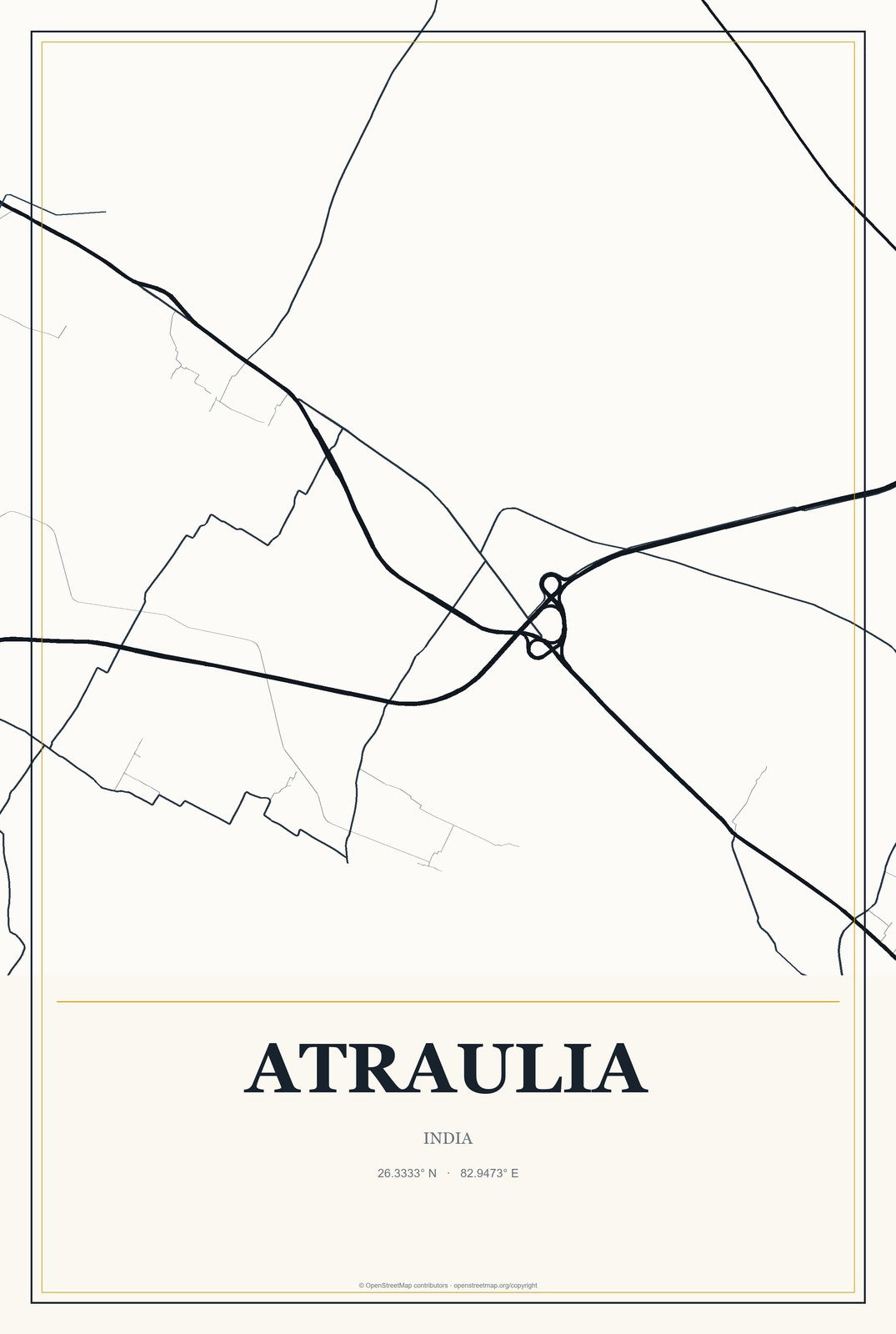 Atraulia, India City Map Aluminum Sign in Citrine Modern style