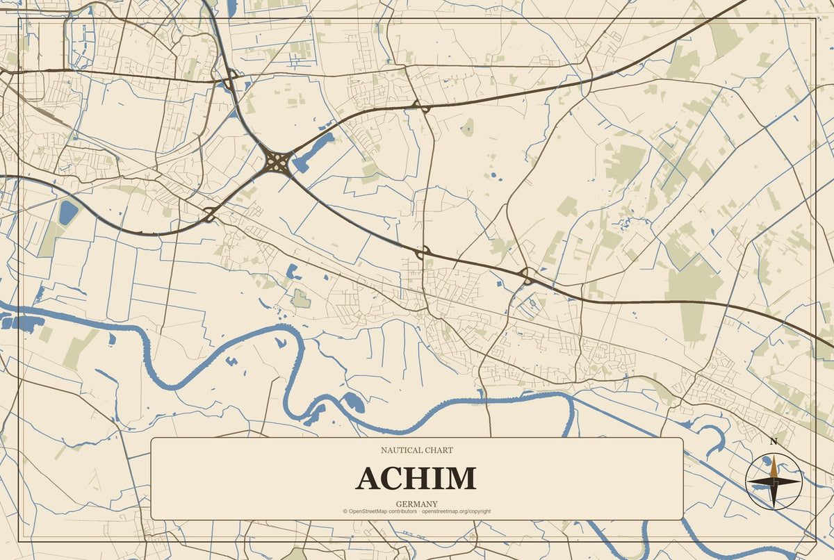 Achim, Germany City Map Aluminum Sign in Heritage Nautical style