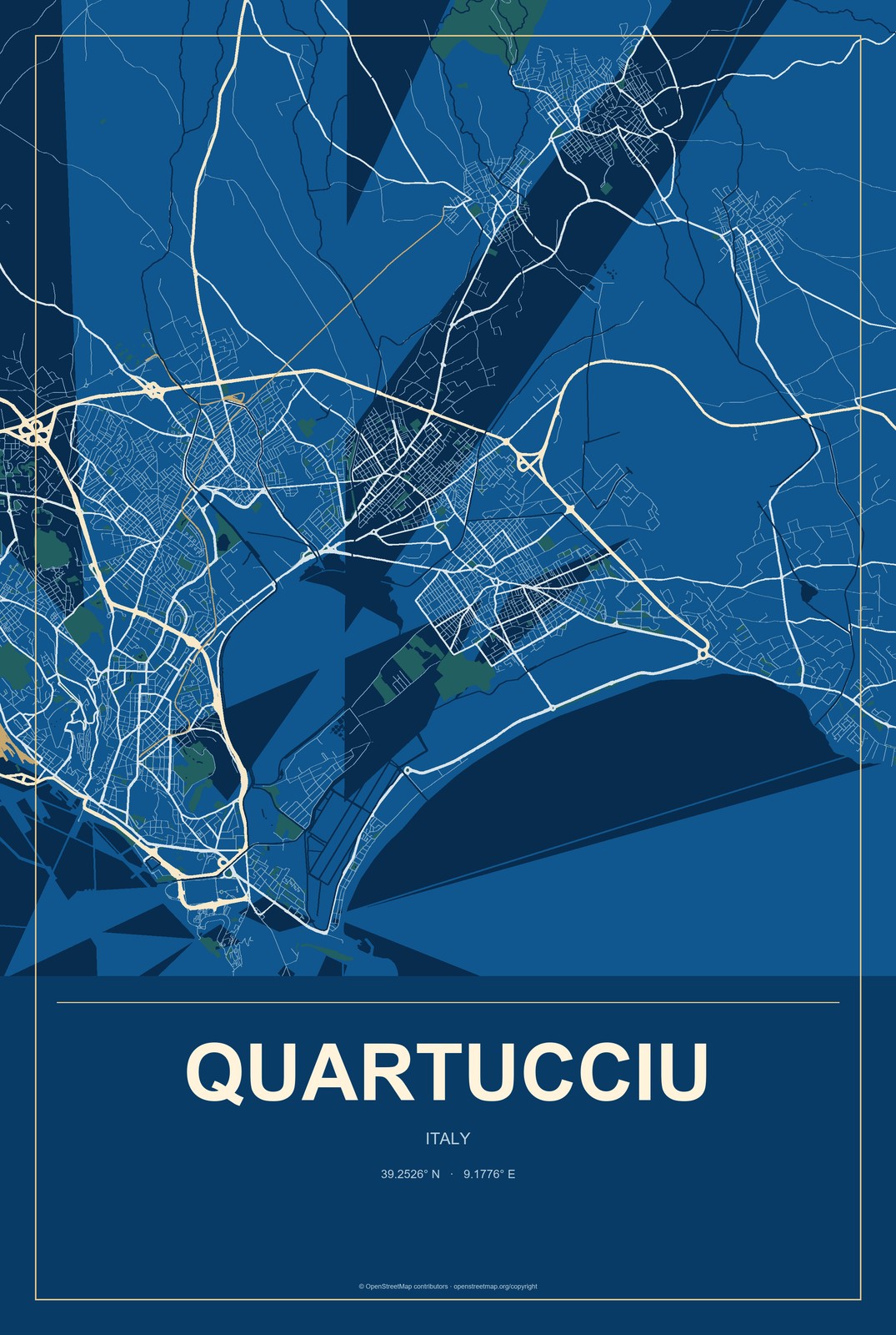 Quartucciu, Italy City Map Aluminum Sign in Harbor Cobalt style