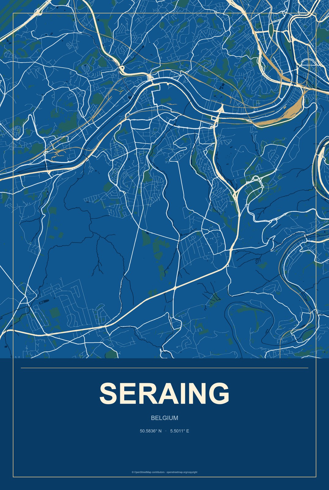 Seraing, Belgium City Map Aluminum Sign in Harbor Cobalt style