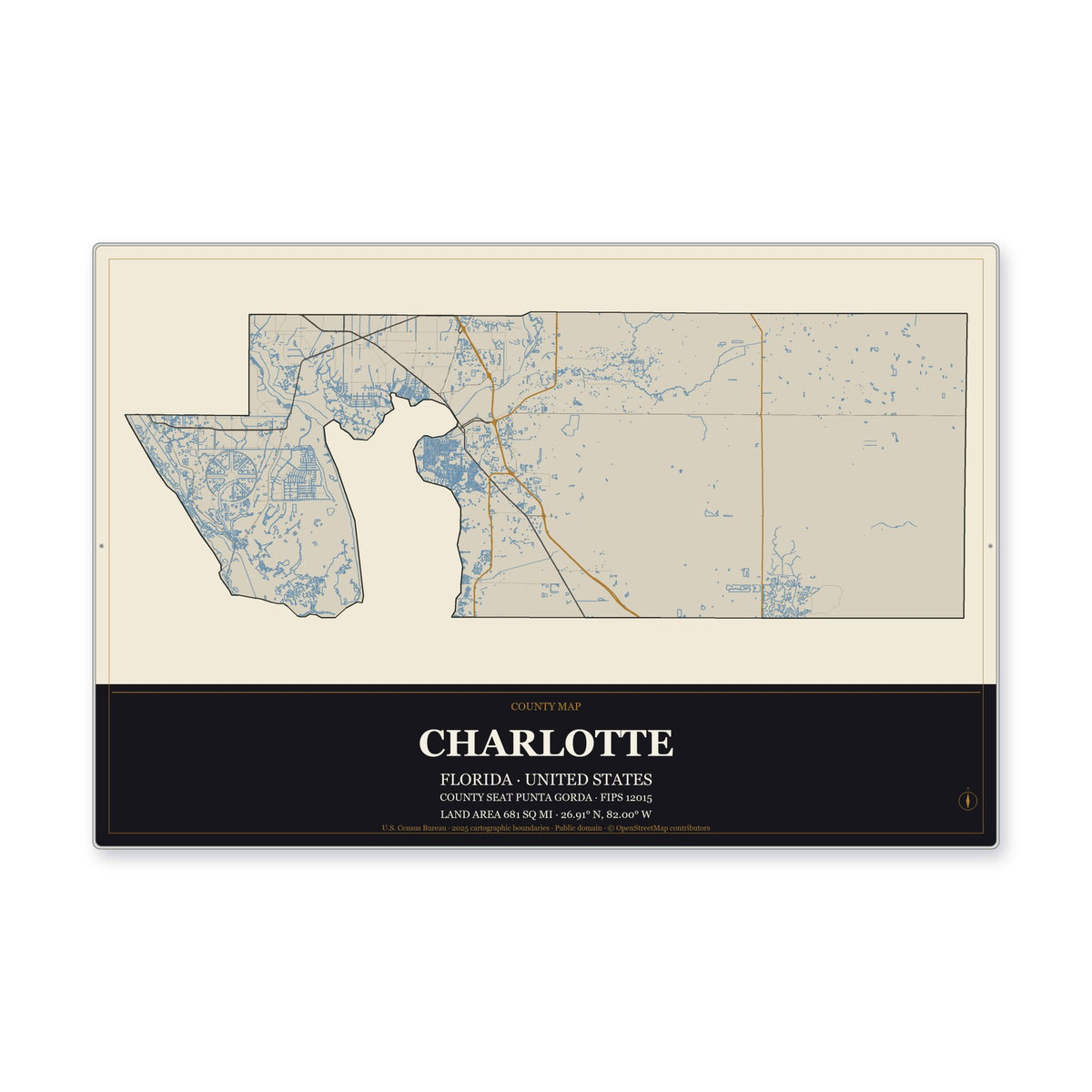 Charlotte County, Florida Map Aluminum Sign in Museum Plaque style