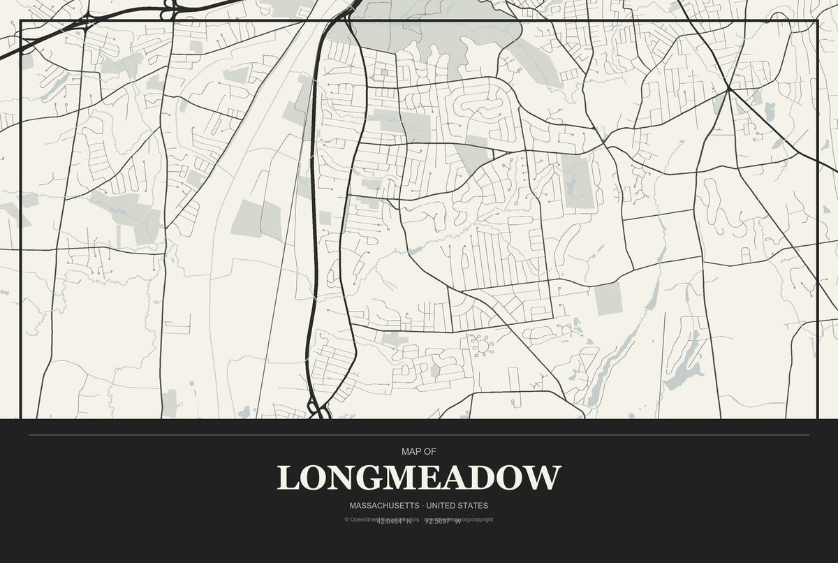 Longmeadow, Massachusetts City Map Aluminum Sign in Museum Plaque style