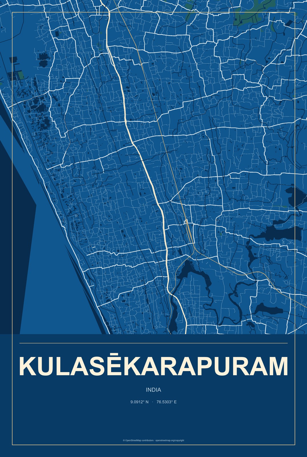 Kulasēkarapuram, India City Map Aluminum Sign in Harbor Cobalt style