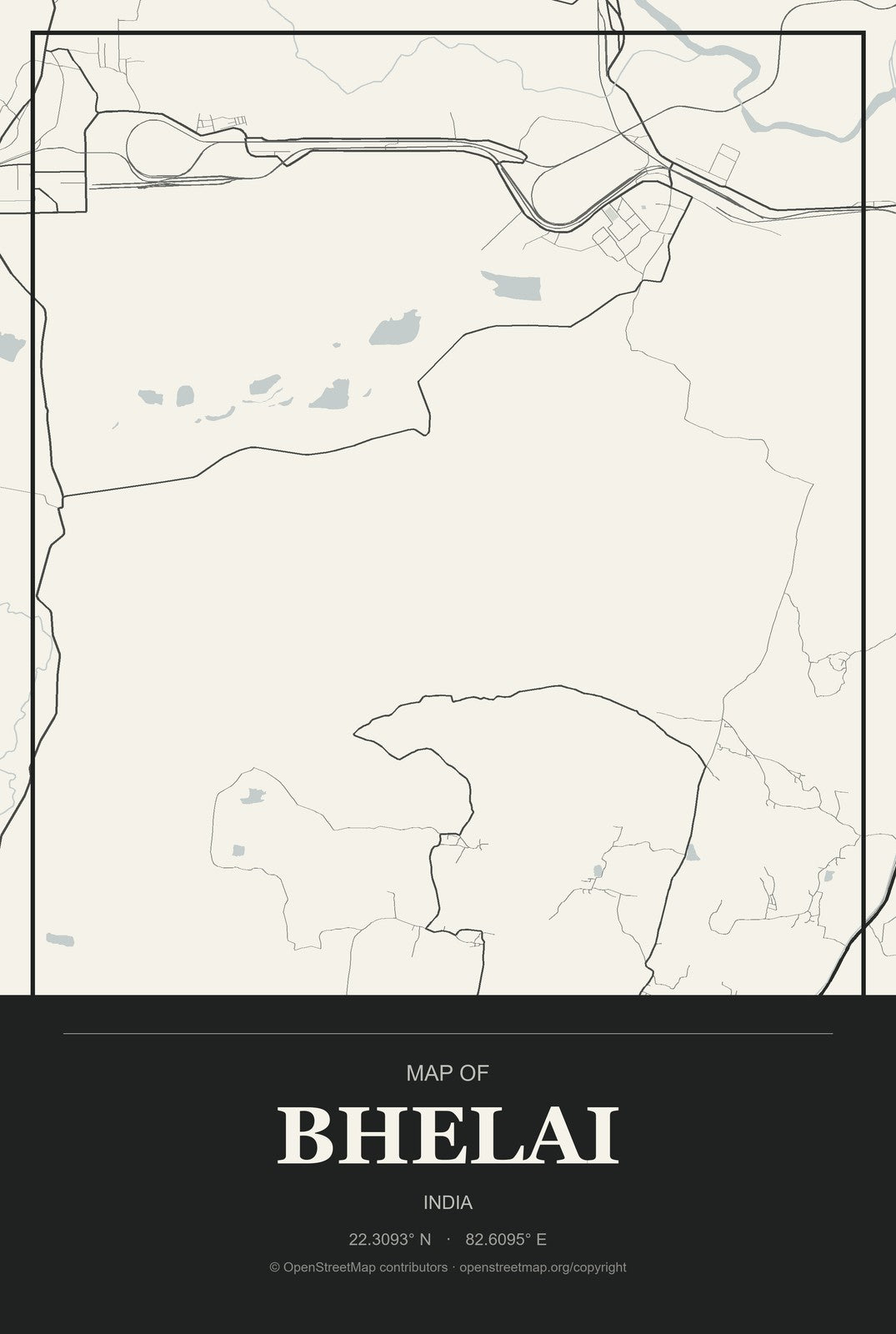 Bhelai, India City Map Aluminum Sign in Museum Plaque style