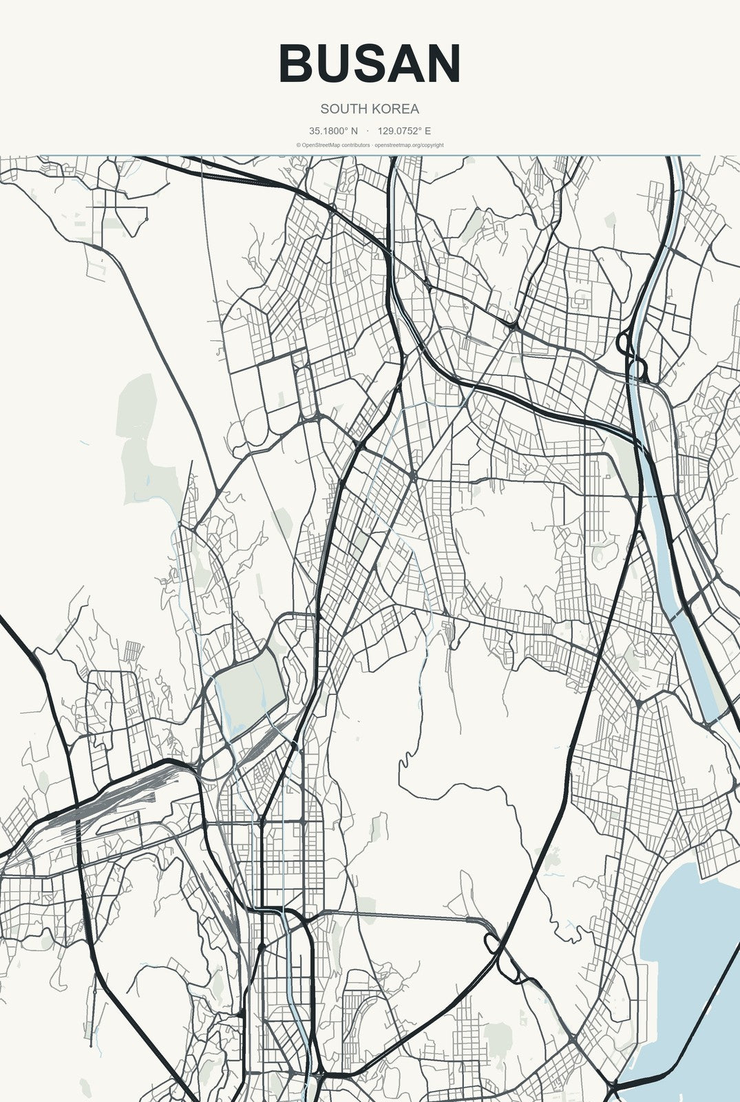 Busan, South Korea City Map Aluminum Sign in Headline Atlas style