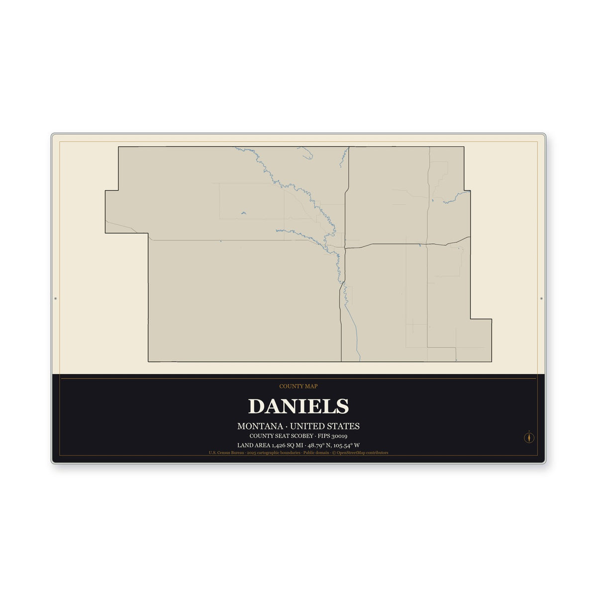 Daniels County, Montana Map Aluminum Sign in Museum Plaque style