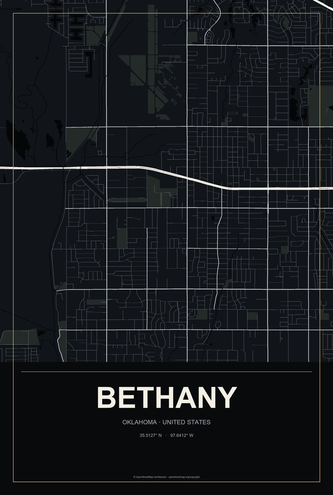 Bethany, Oklahoma City Map Aluminum Sign in Metropolitan Noir style