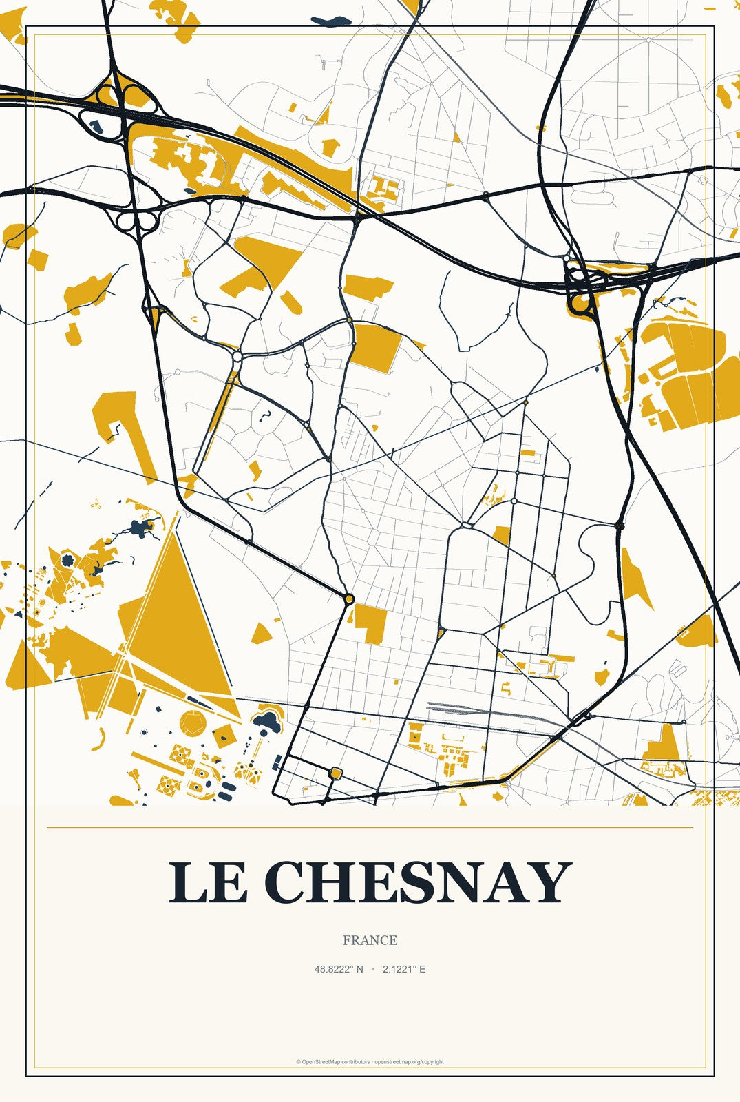 Le Chesnay, France City Map Aluminum Sign in Citrine Modern style