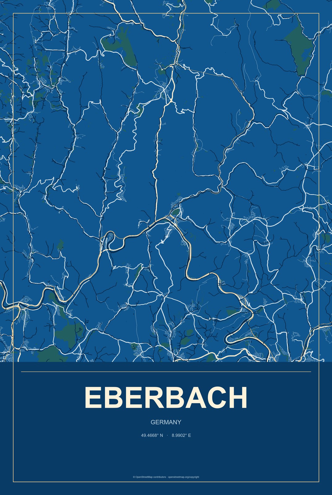 Eberbach, Germany City Map Aluminum Sign in Harbor Cobalt style
