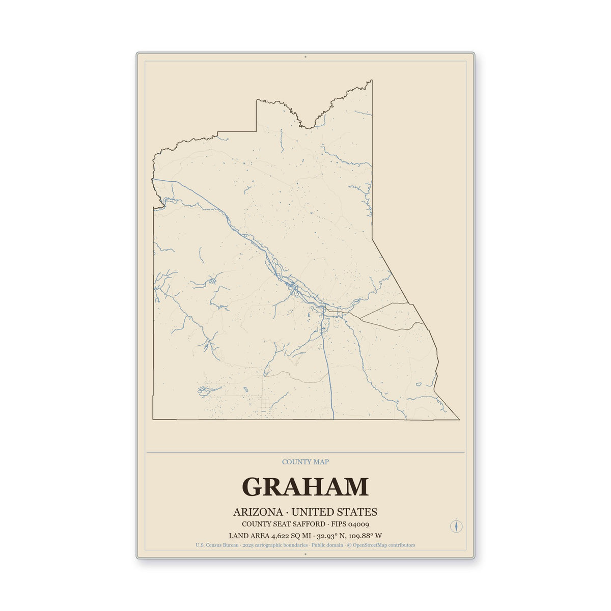 Graham County, Arizona Map Aluminum Sign in Heritage Nautical style