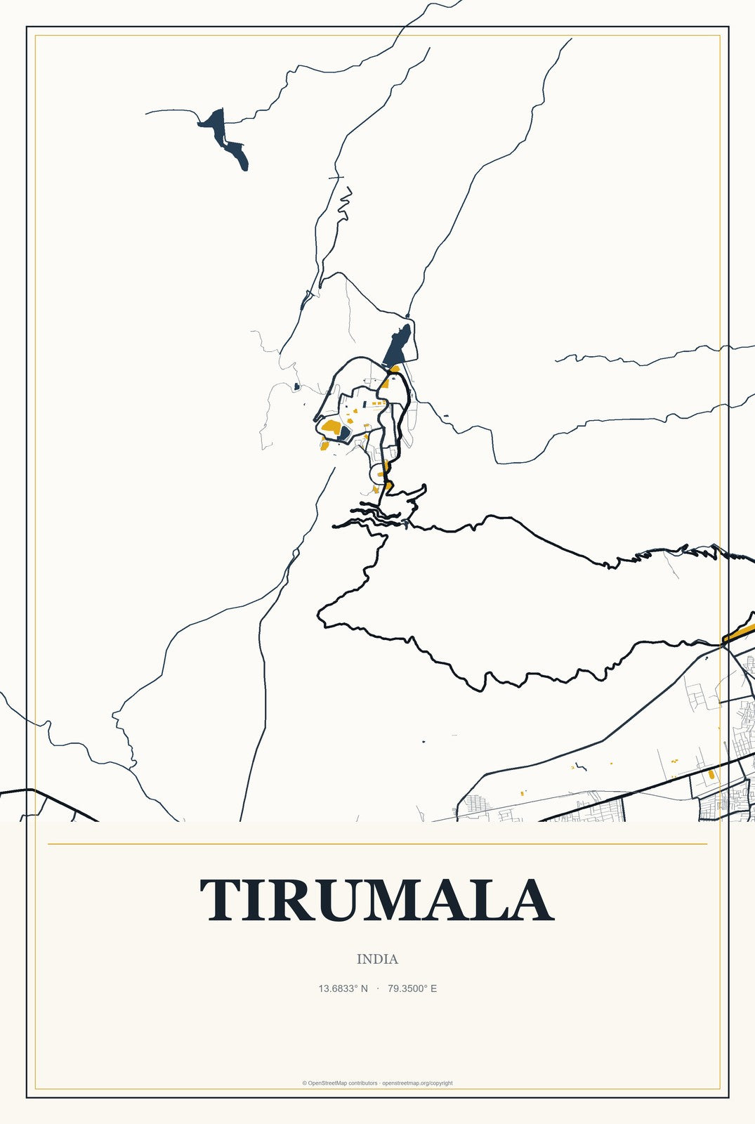 Tirumala, India City Map Aluminum Sign in Citrine Modern style