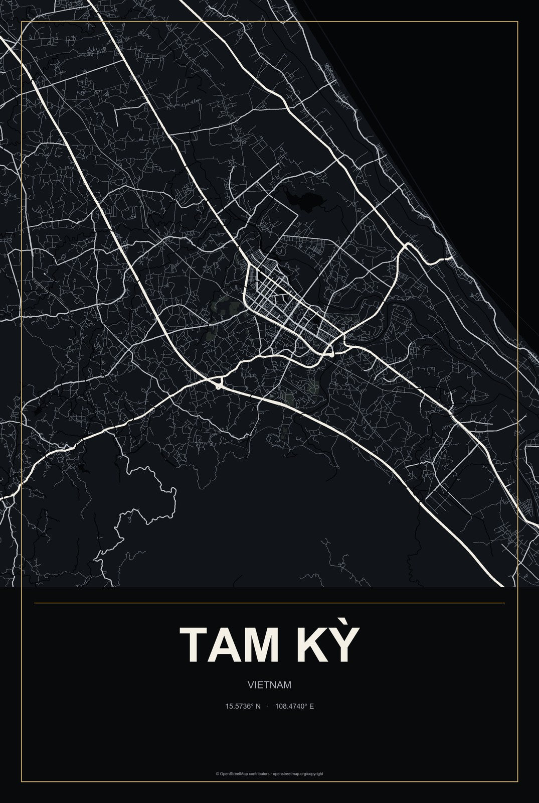 Tam Kỳ, Vietnam City Map Aluminum Sign in Metropolitan Noir style