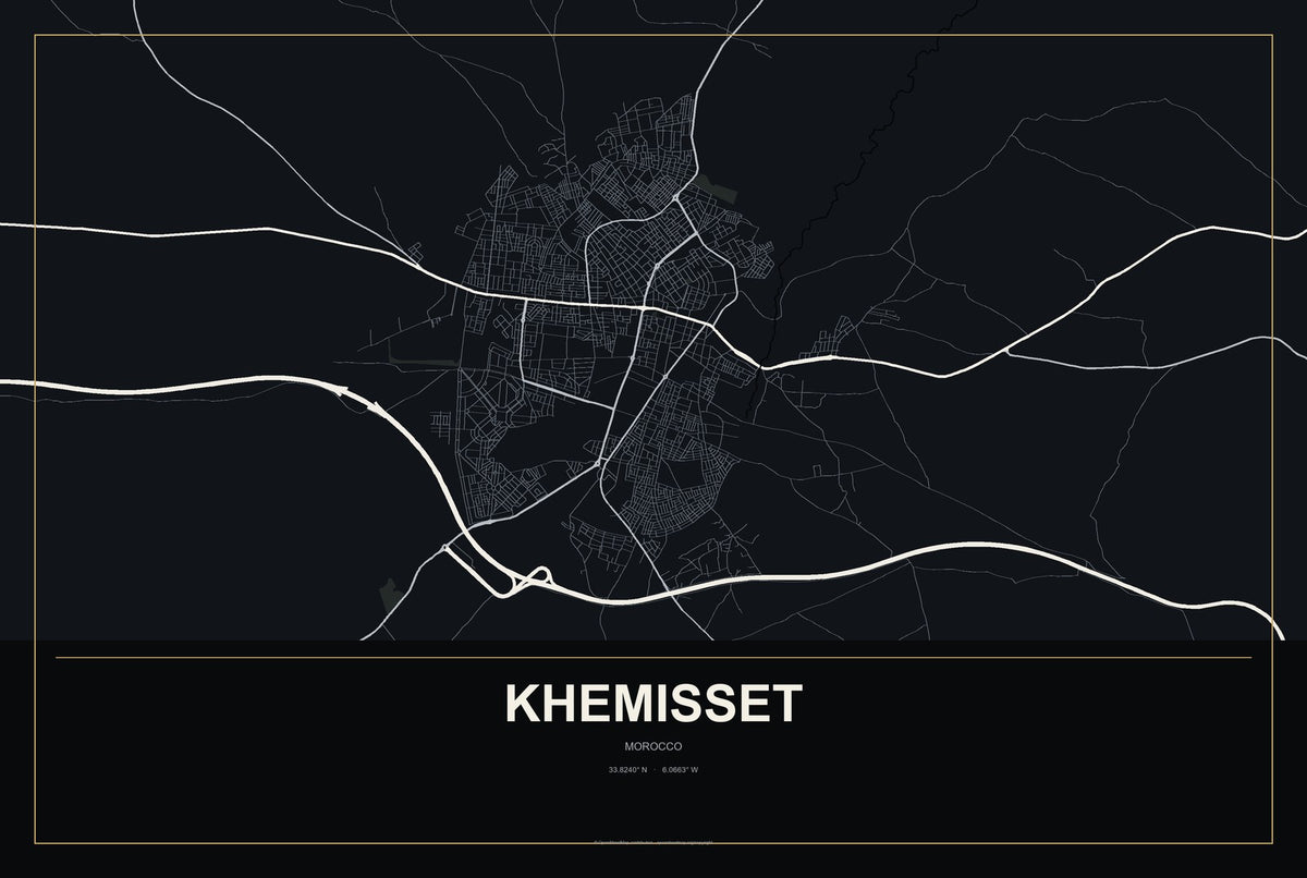 Khemisset, Morocco City Map Aluminum Sign in Metropolitan Noir style