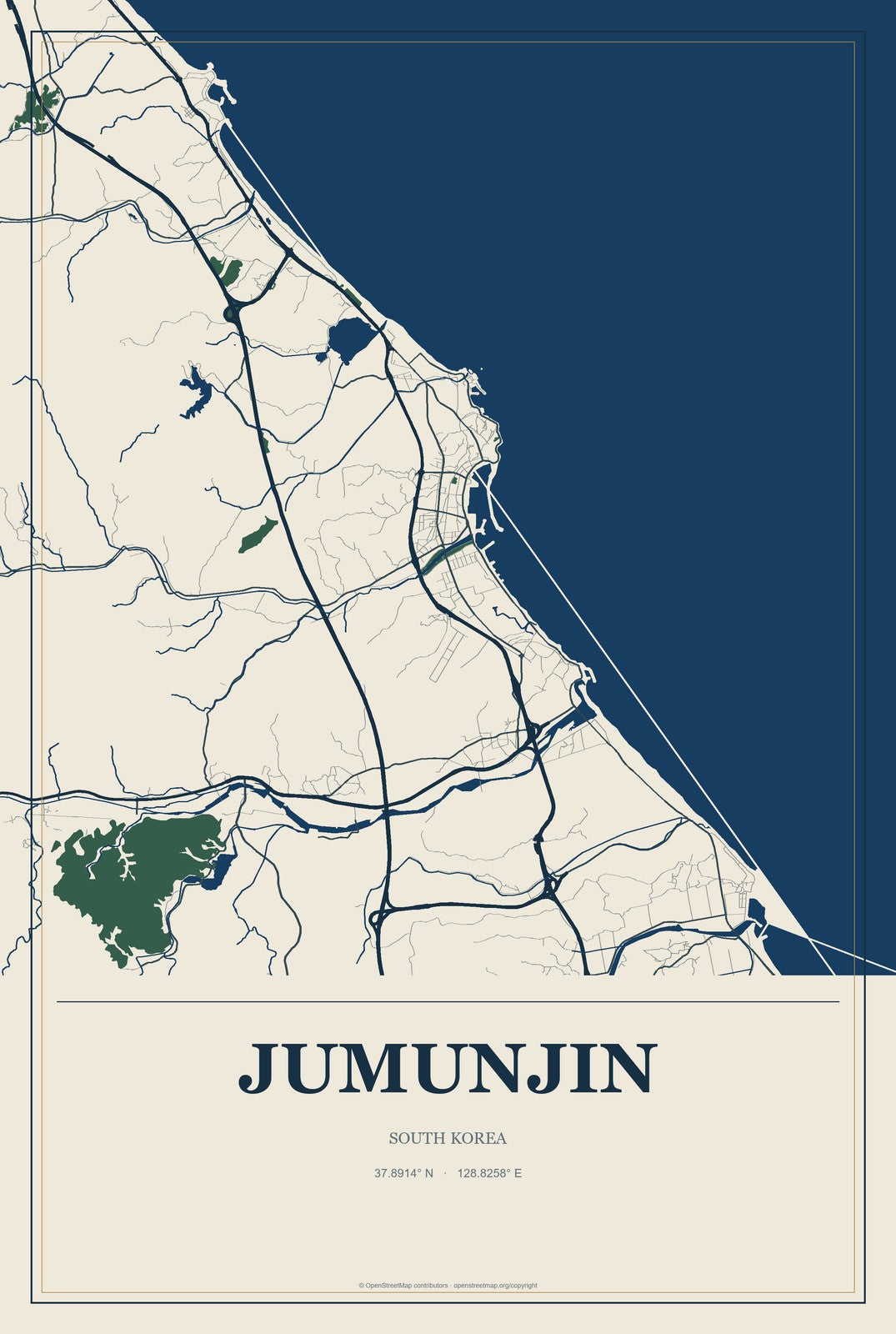 Jumunjin, South Korea City Map Aluminum Sign in Coastal Cutout style