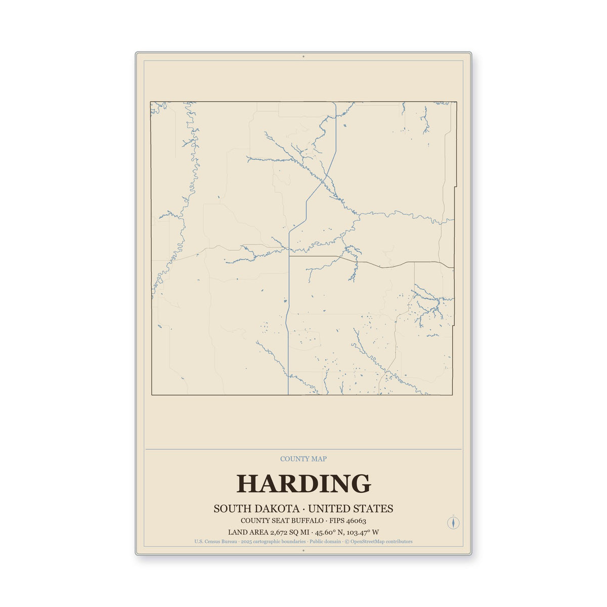 Harding County, South Dakota Map Aluminum Sign in Heritage Nautical style