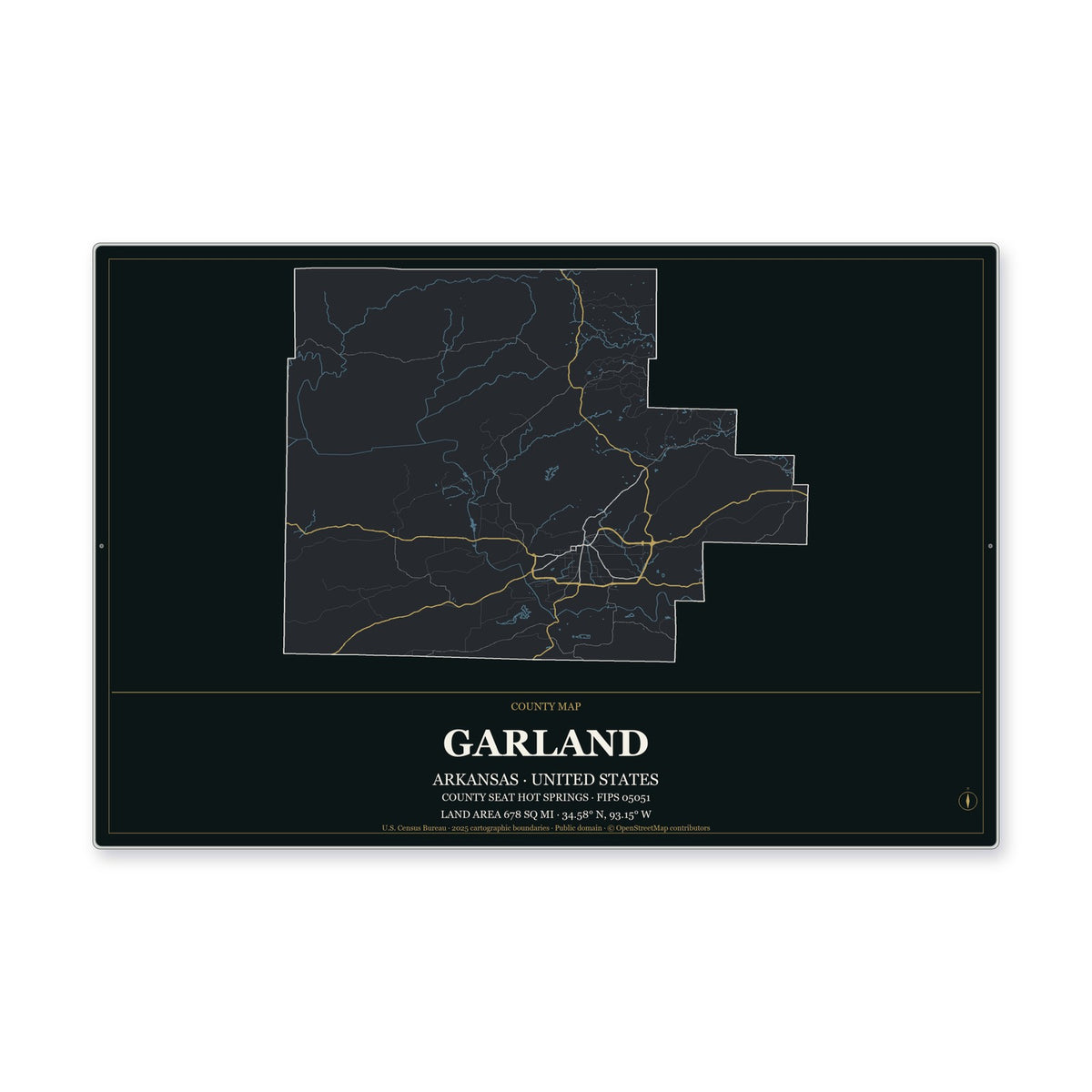 Garland County, Arkansas Map Aluminum Sign in Metropolitan Noir style