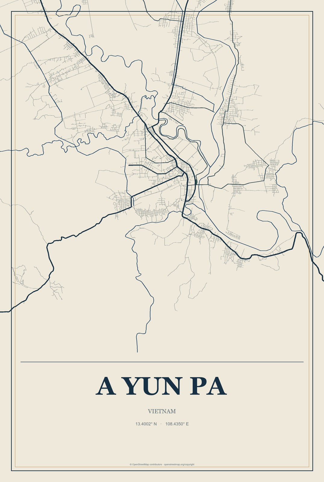 A Yun Pa, Vietnam City Map Aluminum Sign in Coastal Cutout style