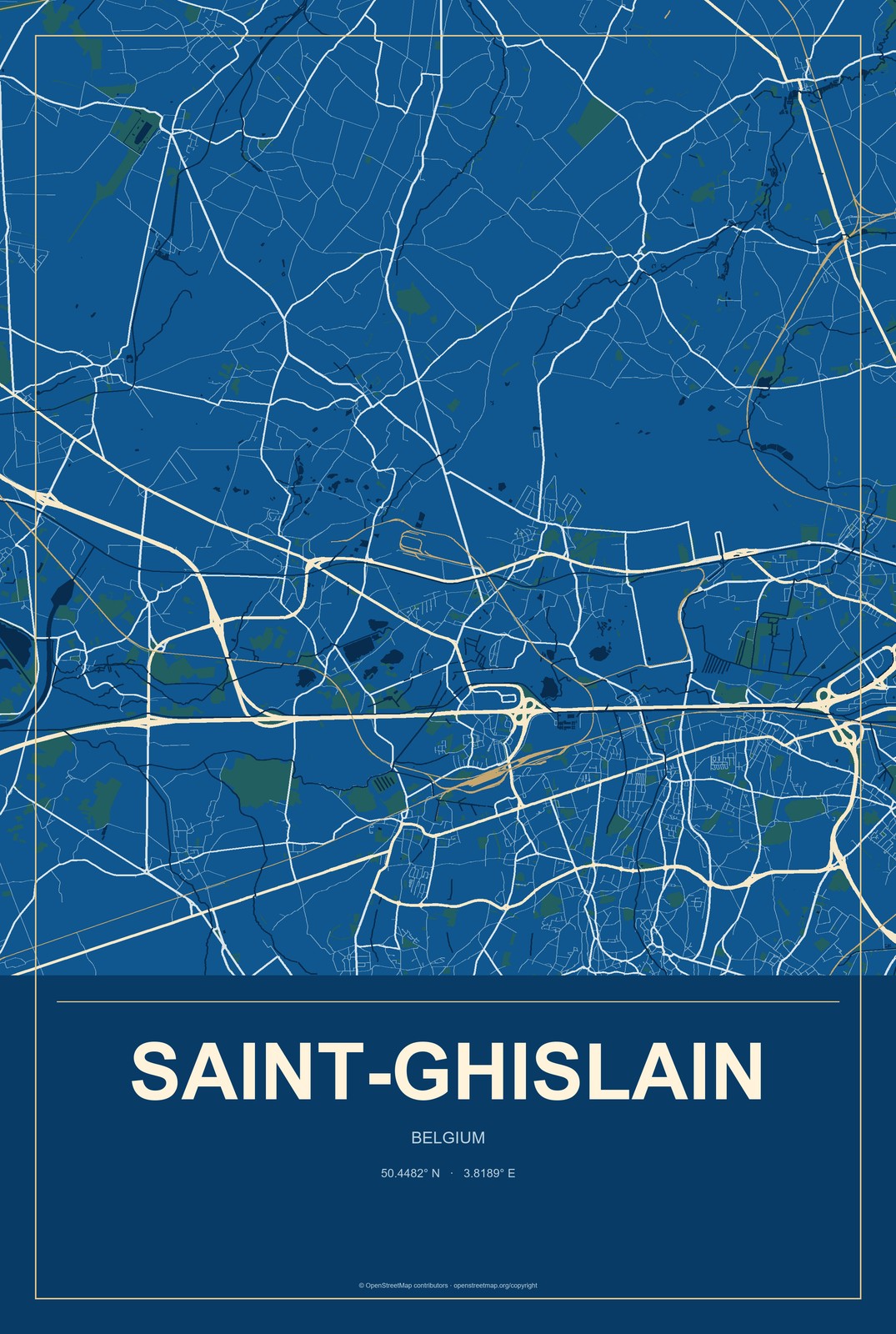 Saint-Ghislain, Belgium City Map Aluminum Sign in Harbor Cobalt style