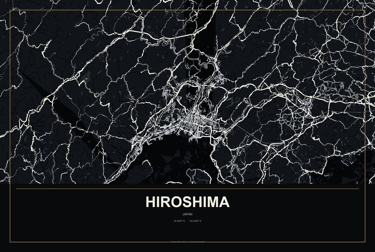 Hiroshima, Japan City Map Aluminum Sign in Metropolitan Noir style